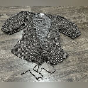 GANNI Tannin Checkered V-Neck
Crossover Wrap Blouse Puff Sleeve Navy/ Tan Sz 36